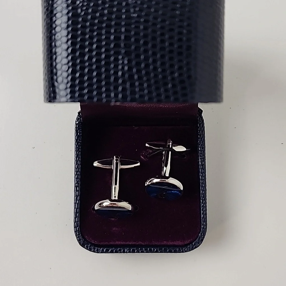 HJ Men's Rhodium Plated 'C' Cufflinks Silver Blue